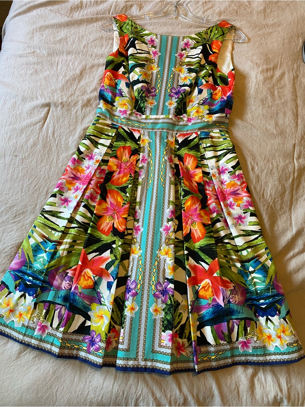 Maggy London Tropical Floral Fit-and-Flare Dress — Green, Orange, Pink, Blue